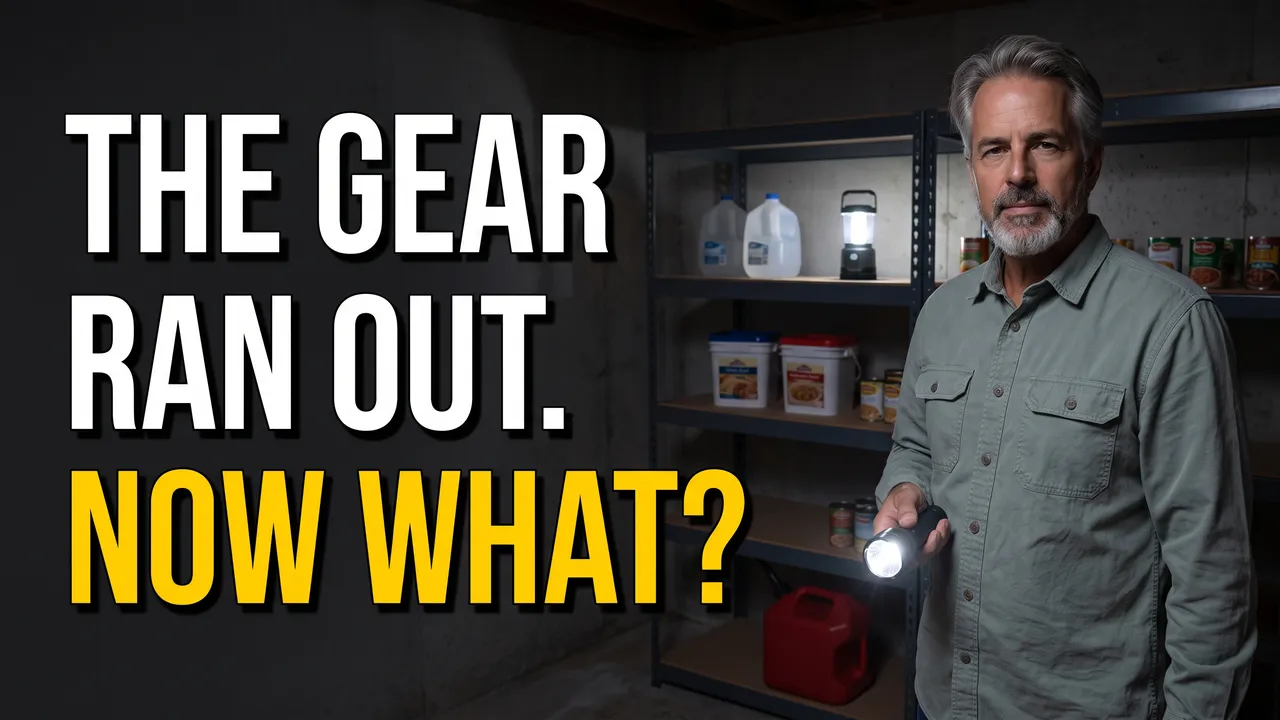 Video thumbnail: a man in a dark storage room holding a flashlight, with the words The gear ran out. Now what?